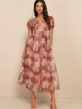 Lulus Lovely Statement Light Brown Floral Organza Tie-back Midi Dress - Size XL